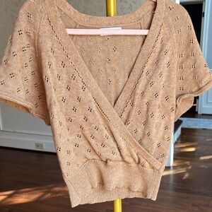 Wrap V-Neck Short-Sleeve Sweater in Light Brown